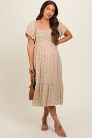 Cream Floral Smocked Maternity Midi Dress