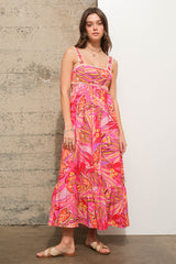 Fuchsia Tropical Back Tie Cutout Maxi Dress