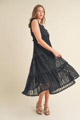 Black Textured Tie Strap Tiered Midi Dress