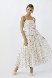 Ivory Smocked Embroidered Floral Maxi Dress