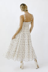 Ivory Smocked Embroidered Floral Maxi Dress