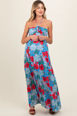 Blue Floral Halter Maternity Maxi Dress