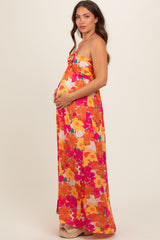 Peach Floral Halter Maternity Maxi Dress