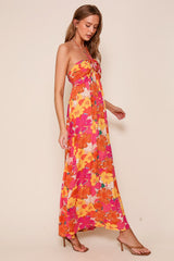 Peach Floral Halter Maxi Dress