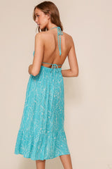 Aqua Floral Sleeveless Halter Neck Open Back Dress