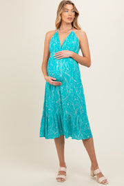 Aqua Floral Sleeveless Halter Neck Open Back Maternity Dress