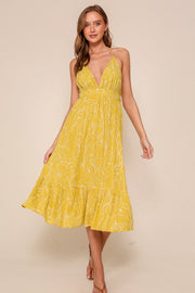 Yellow Floral Sleeveless Halter Neck Open Back Dress