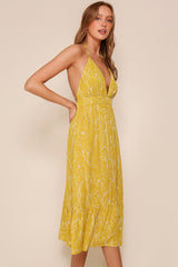 Yellow Floral Sleeveless Halter Neck Open Back Dress