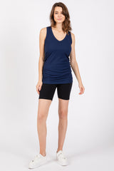 Navy Ribbed Sleeveless Ruched Tank Top