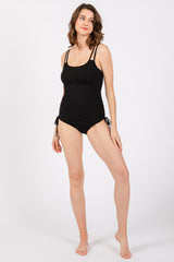 Black Ribbed Side Tie One Piece Swimsuit