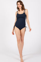 Navy Ribbed Side Tie One Piece Swimsuit