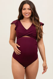 Plum Ribbed Ruched Cutout Flutter One Piece Maternity Swimsuit