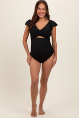 Black Ribbed Ruched Cutout Flutter One Piece Maternity Swimsuit