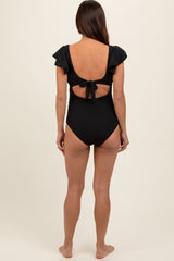 Black Ribbed Ruched Cutout Flutter One Piece Maternity Swimsuit