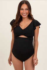 Black Ribbed Ruched Cutout Flutter One Piece Maternity Swimsuit