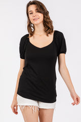 Black Short Puff Sleeve V-Neck Maternity Top