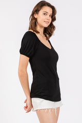 Black Short Puff Sleeve V-Neck Top