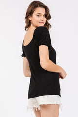 Black Short Puff Sleeve V-Neck Top