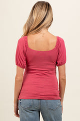 Magenta Short Puff Sleeve V-Neck Maternity Top