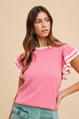 Fuchsia Double Ruffle Sleeve Sweater Top