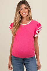 Fuchsia Double Ruffle Sleeve Maternity Sweater Top