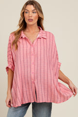 Pink Striped Collared Oversized Maternity Top