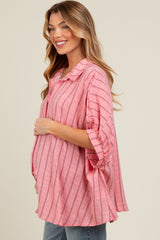 Pink Striped Collared Oversized Maternity Top