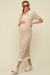 Beige Collared Knit Maxi Maternity Dress