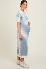 Blue Collared Knit Maxi Maternity Dress