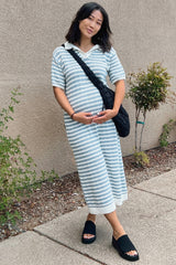 Blue Collared Knit Maxi Maternity Dress