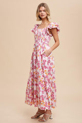 Pink Floral Smocked Ruffle Sleeve Maxi Dress