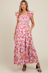 Pink Floral Smocked Ruffle Sleeve Maternity Maxi Dress