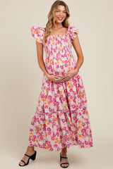 Pink Floral Smocked Ruffle Sleeve Maternity Maxi Dress