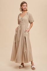 Taupe Smocked Puff Sleeve Maxi Dress