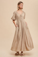 Taupe Smocked Puff Sleeve Maxi Dress