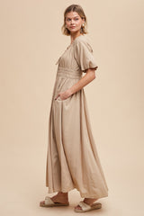 Taupe Smocked Puff Sleeve Maxi Dress