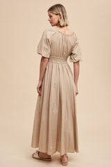 Taupe Smocked Puff Sleeve Maxi Dress