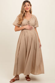 Taupe Smocked Puff Sleeve Maternity Maxi Dress