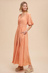 Peach Smocked Puff Sleeve Maternity Maxi Dress