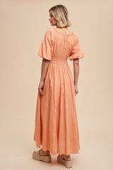 Peach Smocked Puff Sleeve Maxi Dress