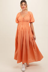 Peach Smocked Puff Sleeve Maternity Maxi Dress