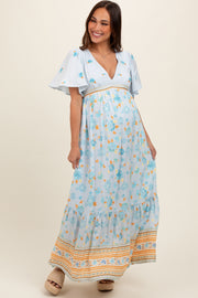 Light Blue Floral Flounce Sleeve Maternity Maxi Dress