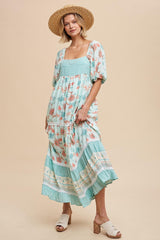 Mint Green Floral Gingham Lace Up Back Maternity Maxi Dress