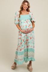 Mint Green Floral Gingham Lace Up Back Maternity Maxi Dress