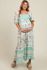 Mint Green Floral Gingham Lace Up Back Maternity Maxi Dress