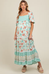 Mint Green Floral Gingham Lace Up Back Maternity Maxi Dress