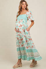 Mint Green Floral Gingham Lace Up Back Maternity Maxi Dress