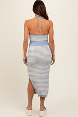 Blue Striped Crochet Crop Maternity Swimsuit Cover Up Set