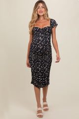 Black Printed Stretch Knit Ruched Maternity Dress