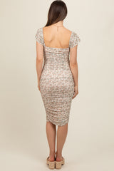 Cream Printed Stretch Knit Ruched Maternity Dress